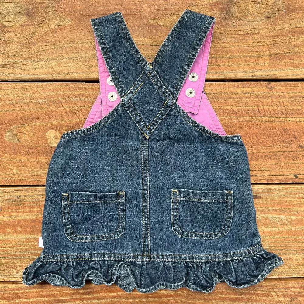 Baby Denim Overall Dress 3-6M Vintage Y2K Ruffle Hem Pink Lined Easter Outfit